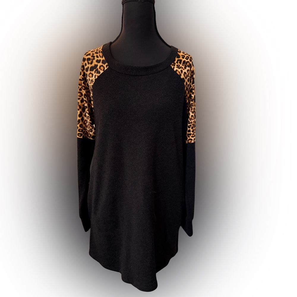 Magic Fit Black Sweater Dress with‎ Leopard Print Sleeves